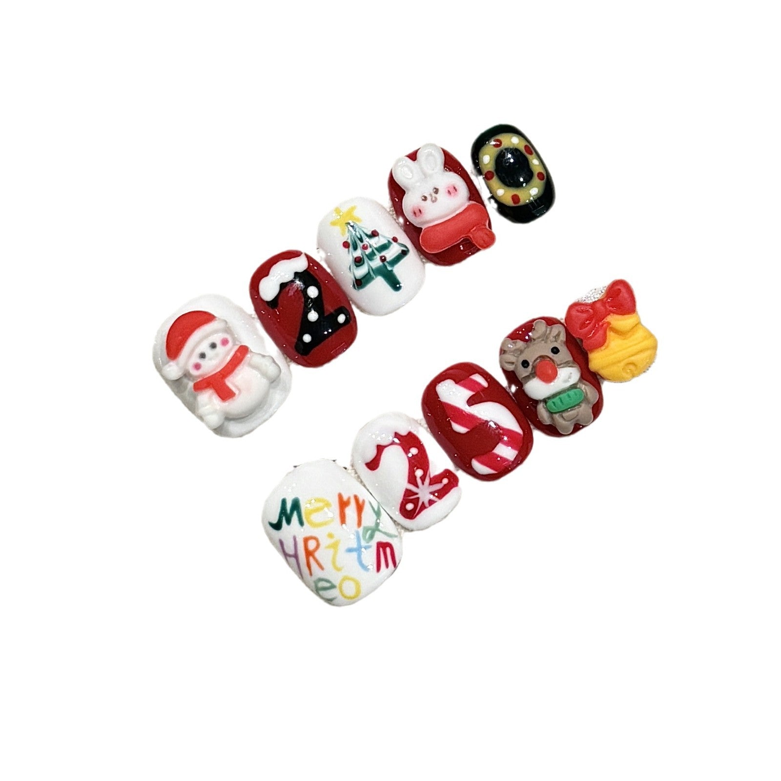 Colorful Christmas Press‑On Nails – Santa, Reindeer & Number Design