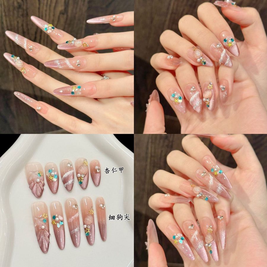 365nails: "Ethereal Bloom" – 3D Seashell & Pearl Handmade Long Almond Nails