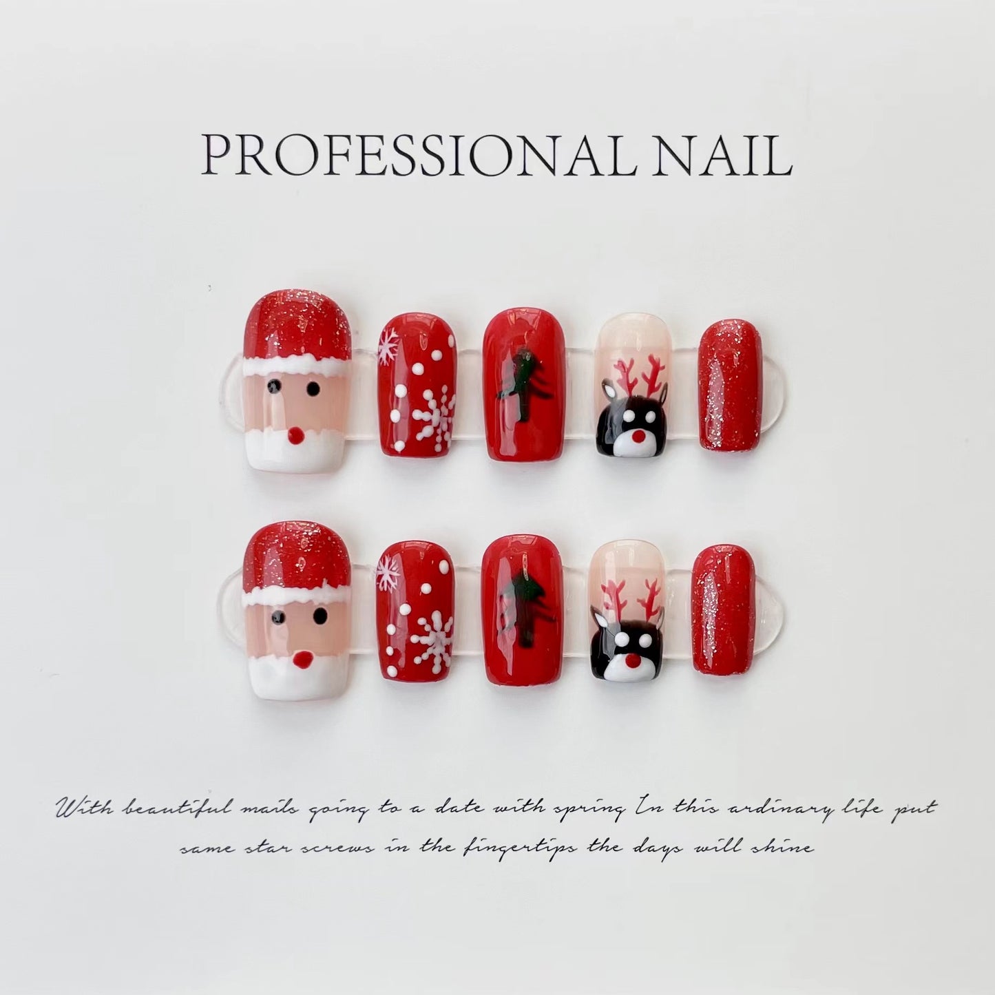 Santa & Reindeer Christmas Press‑On Nails – Classic Red Short Design