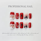 Santa & Reindeer Christmas Press‑On Nails – Classic Red Short Design