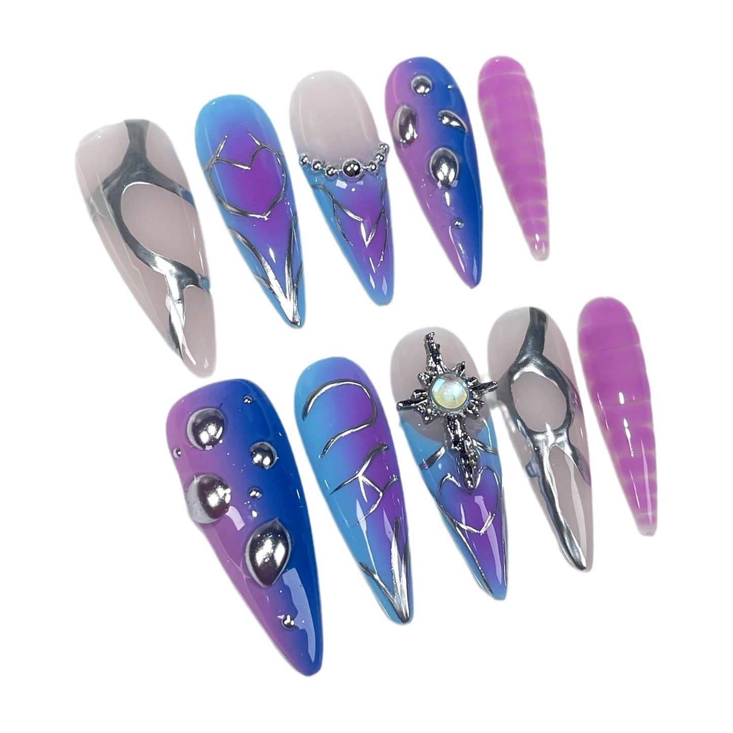 Uñas postizas de dos colores con punta larga y cambio gradual, hechas a mano, con forma irregular, para chica dulce, fresca y atractiva, parches de uñas pintados a mano al por mayor ｜365nails