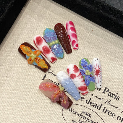 Tropical Flower Devil's Flower Dopamine Three-dimensional Carving Handmade press on nails Flower Gradient Long | 365nails