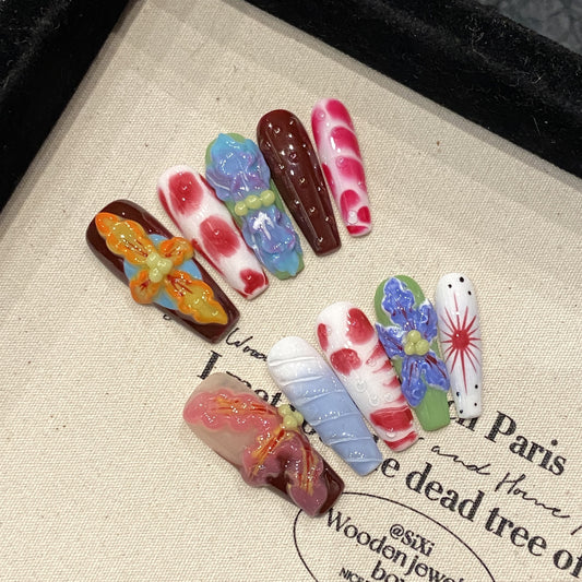 Tropical Flower Devil's Flower Dopamine Three-dimensional Carving Handmade press on nails Flower Gradient Long | 365nails