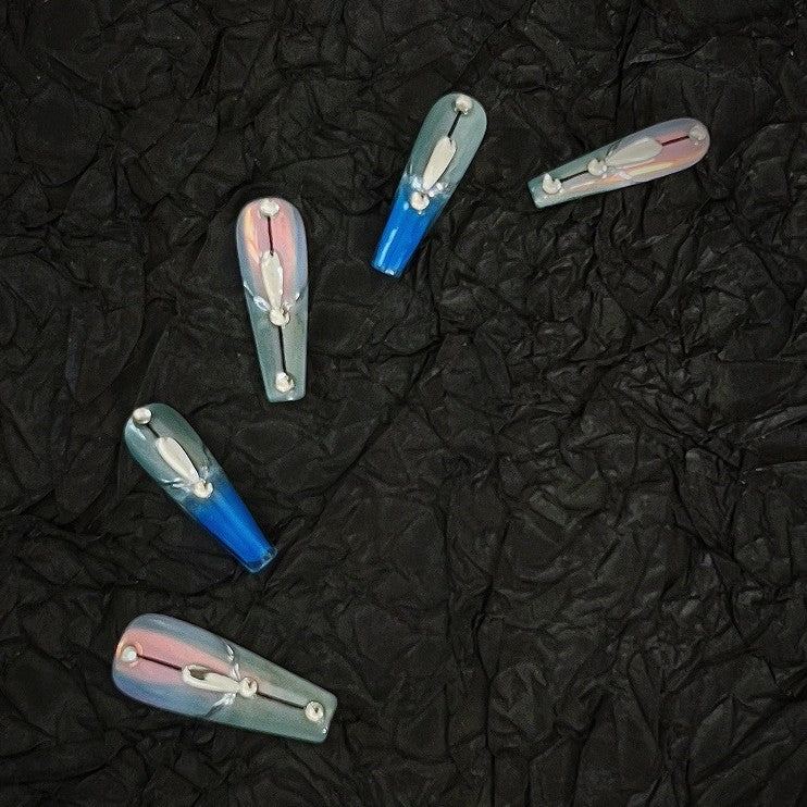 [Summer Night] Simple Moonlight Powder Cat's Eye Luminous Four Fingers Quicksand Flow Hemp Press On Nail