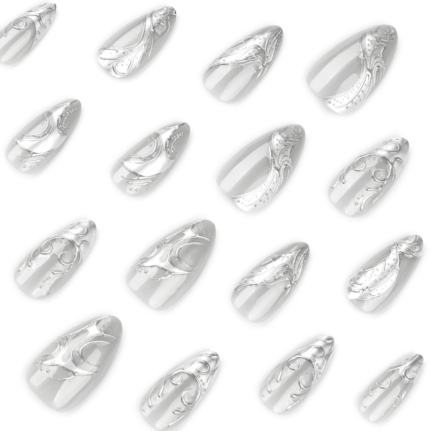 Gothic Cool Spicy Silver 3D Stereoscopic Short Almond press-on nails