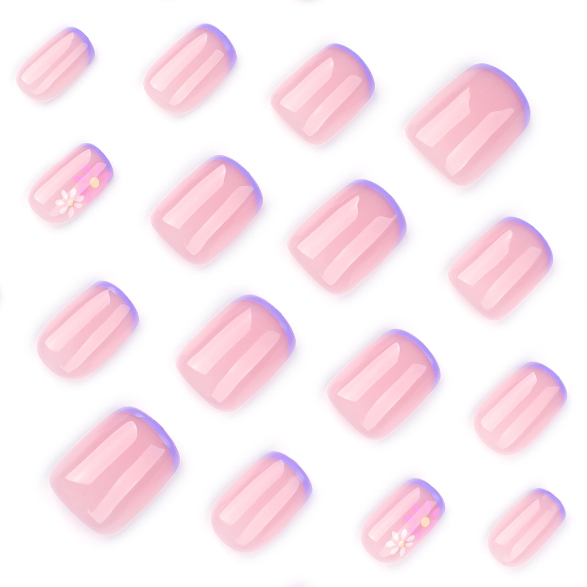 Flores pequenas frescas em vento curto quadrado unha manicure pedaço francês roxo ｜365nails
