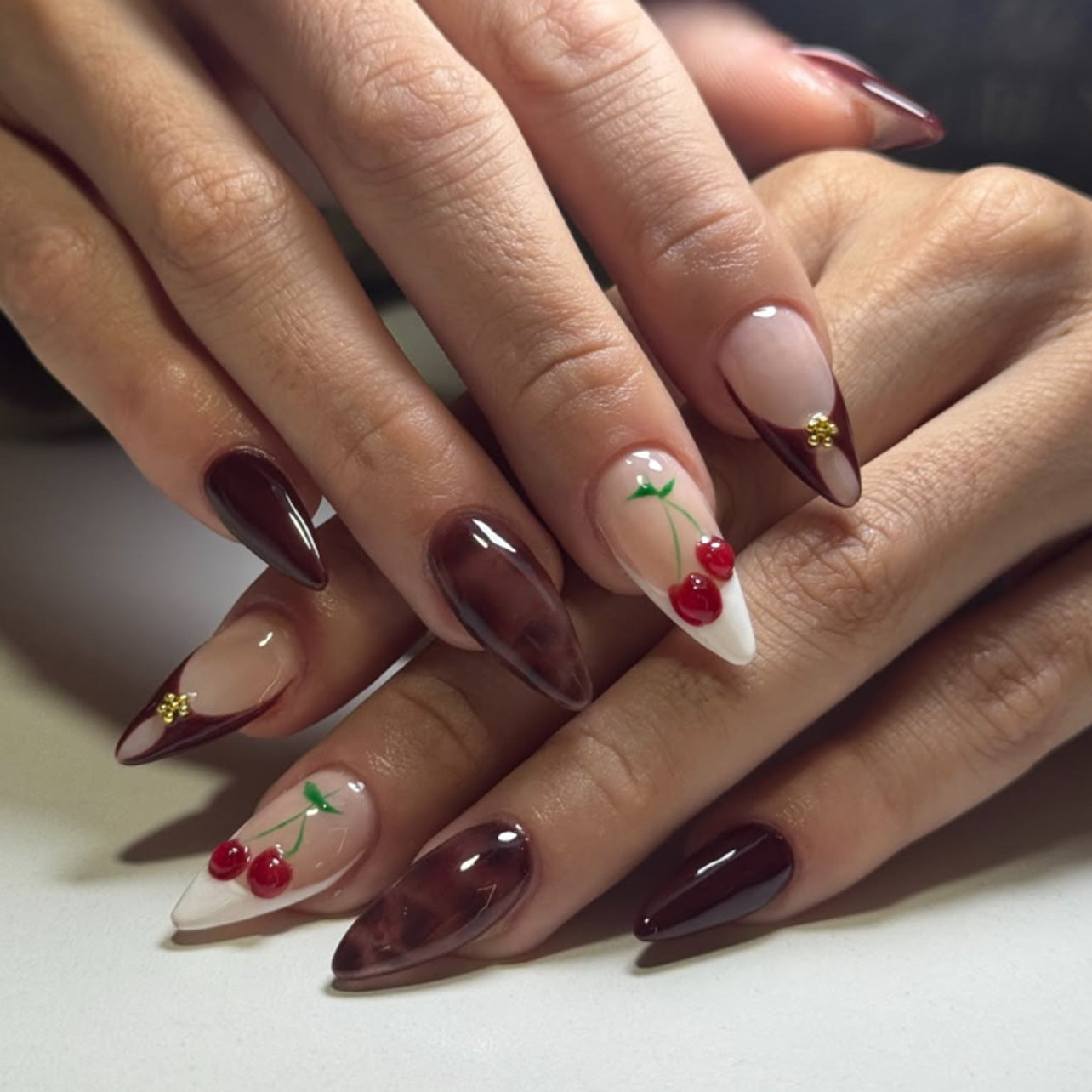 Cherry Red Cute French Accent Press On Nails