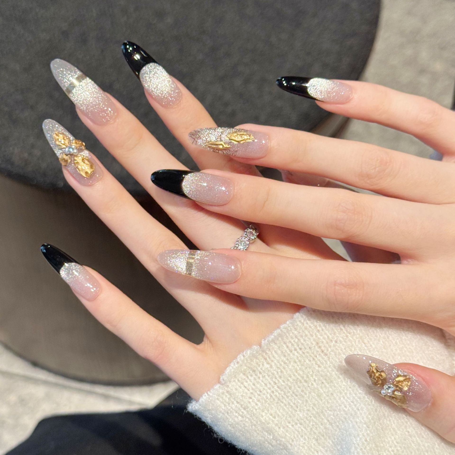 365nails: "Gilded Noir" – 3D Gold Leaf French Handmade Almond Nails