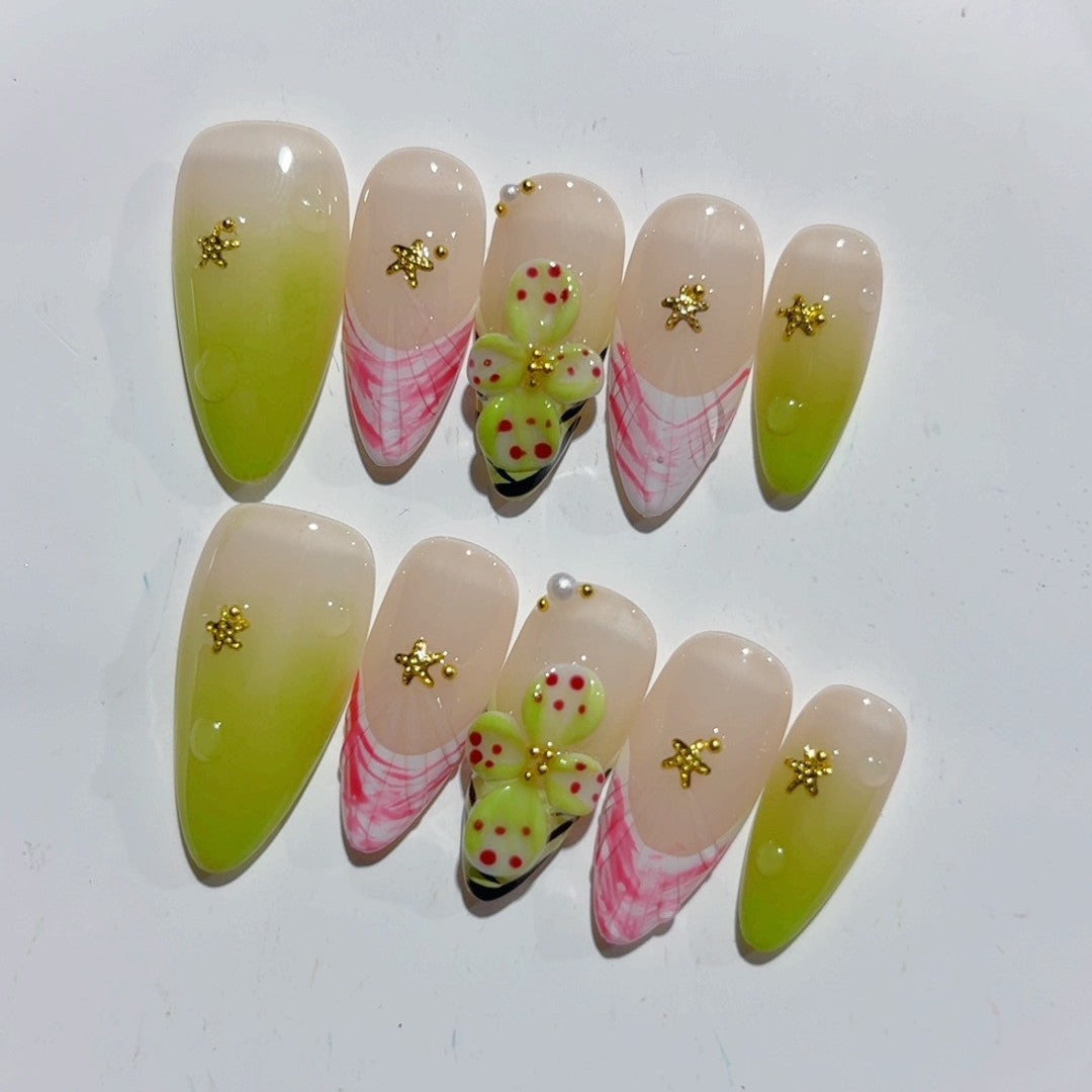 Summer Breeze: "Strawberry Sorbet" – Almond Shape Handmade 3D Carved Press-On Nails