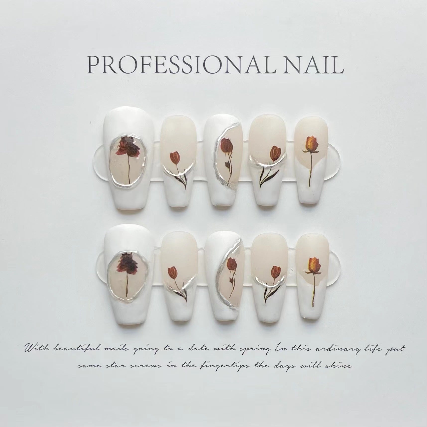365nails: "Desert Rose" – 3D Hand-Painted Floral & Gold Leaf Handmade Square Nails