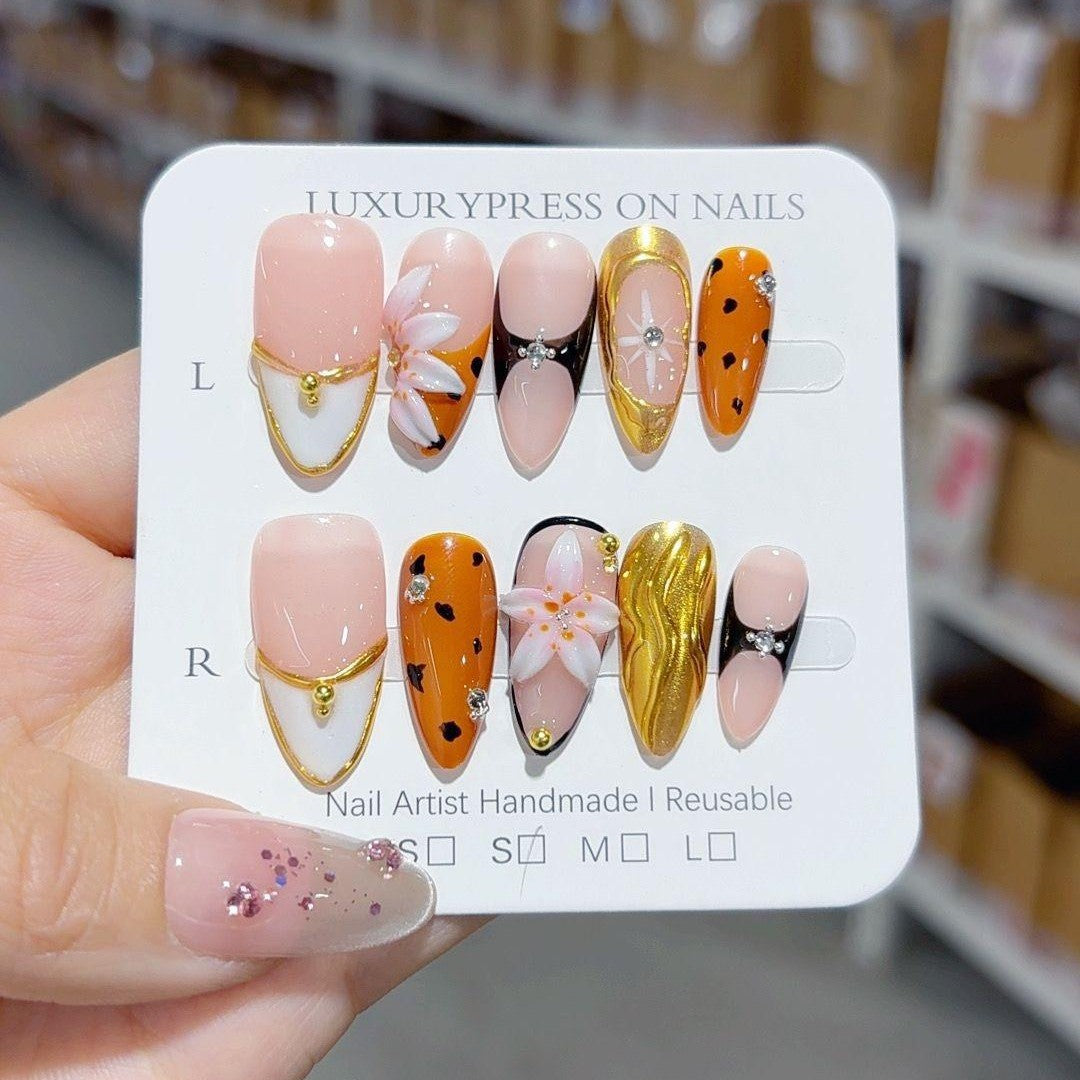 Wild Bloom: "Amber Leopard Lily" – Almond Press-On Nails