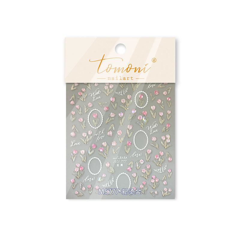 Pastel Tulip & Love Phrase: "Romantic Tulip Garden" – 5D Embossed Nail Sticker