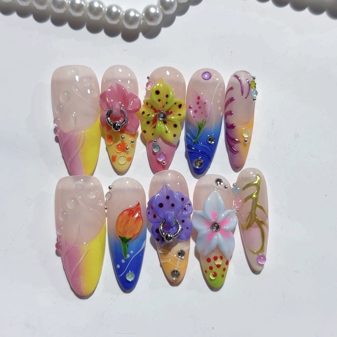 Fantaisie féerique : "Floraison jardin arc-en-ciel" – long forme amande multicolore floral, ongles press-on fait main