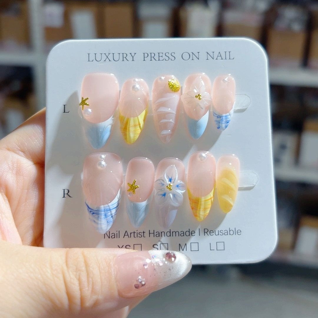 365nails-Serenidade à Beira-Mar: "Brisa do Oceano" – Unhas Postiças Amêndoas