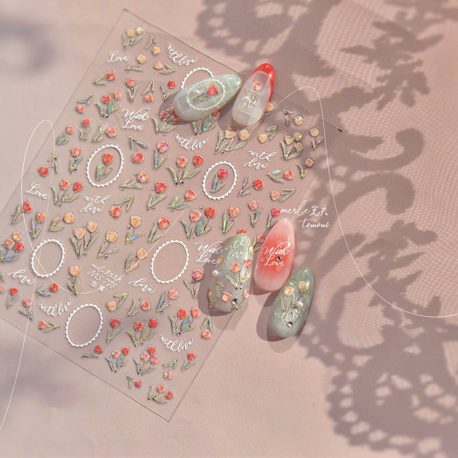 Pastel Tulip & Love Phrase: "Romantic Tulip Garden" – 5D Embossed Nail Sticker