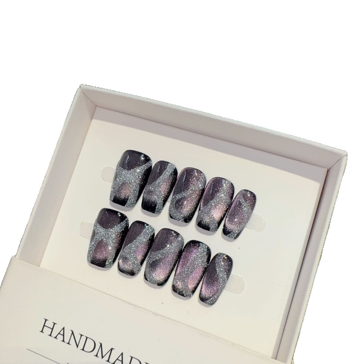 365nails: "Nebula Veil" – Hand-Painted Cat Eye & Glitter Handmade Square Nails