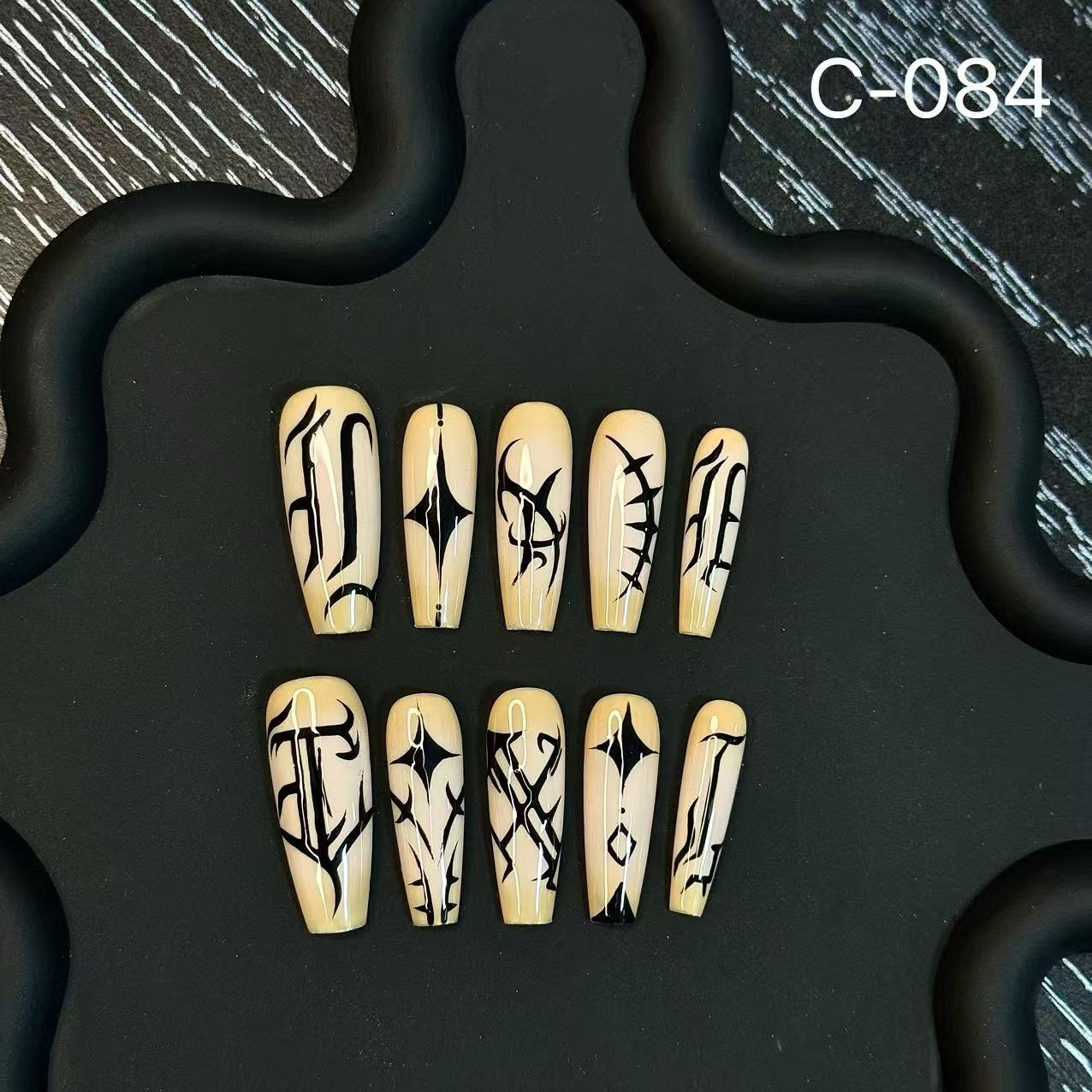 365nails: "Dark Script" – 추상 잉크 라인 아트 수제 아몬드형 프레스온 네일
