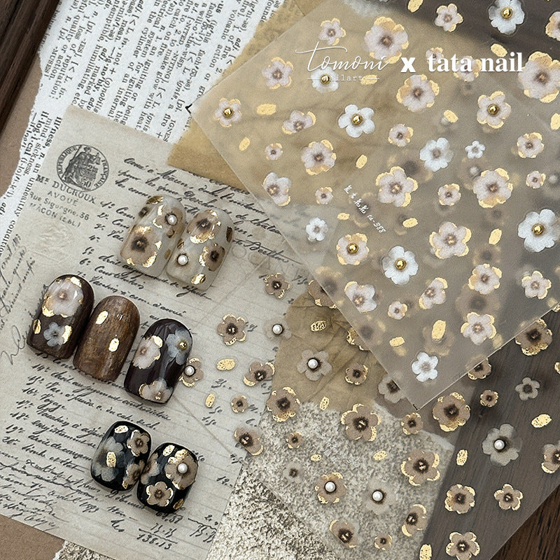Vintage Gold Foil Floral Nail Stickers – 3D Embossed Watercolor Flower Set