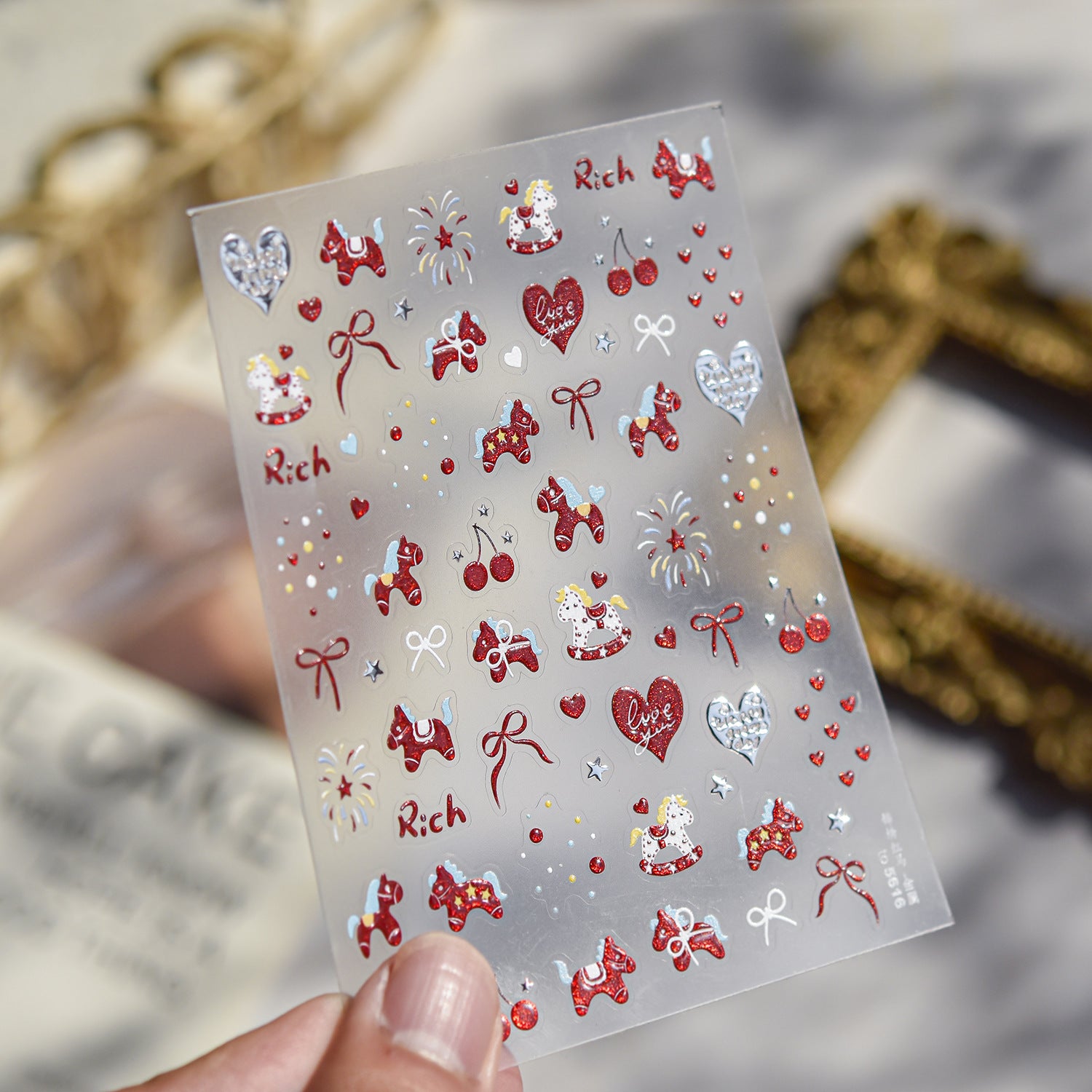 Festive Rich Collection: "Rich Rocking Horse" – Glitter 3D Embossed Nail Stickers