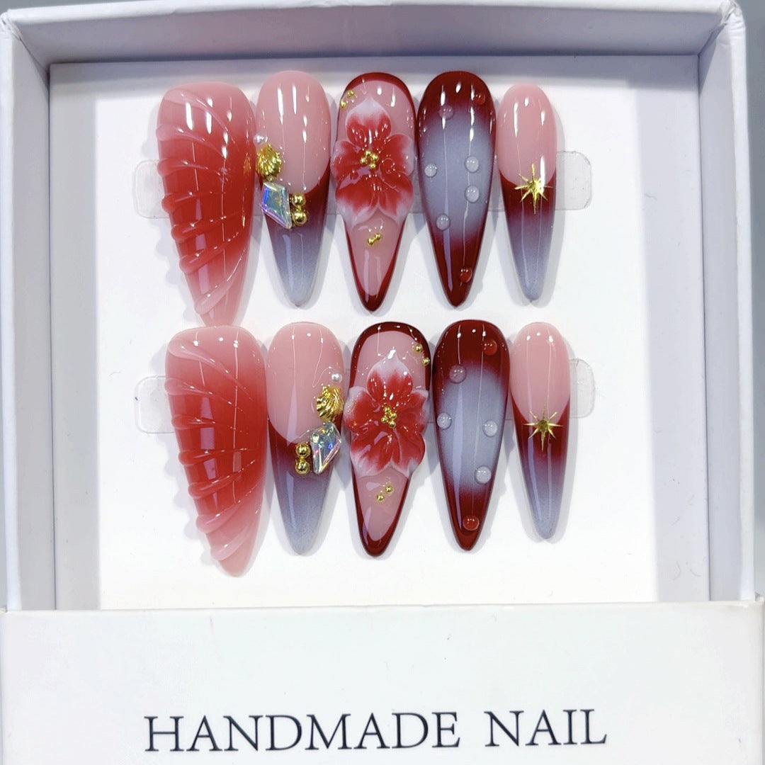 Crimson Bloom: "Red Petal" – Unhas Postiças Longas Amendoadas Feitas à Mão