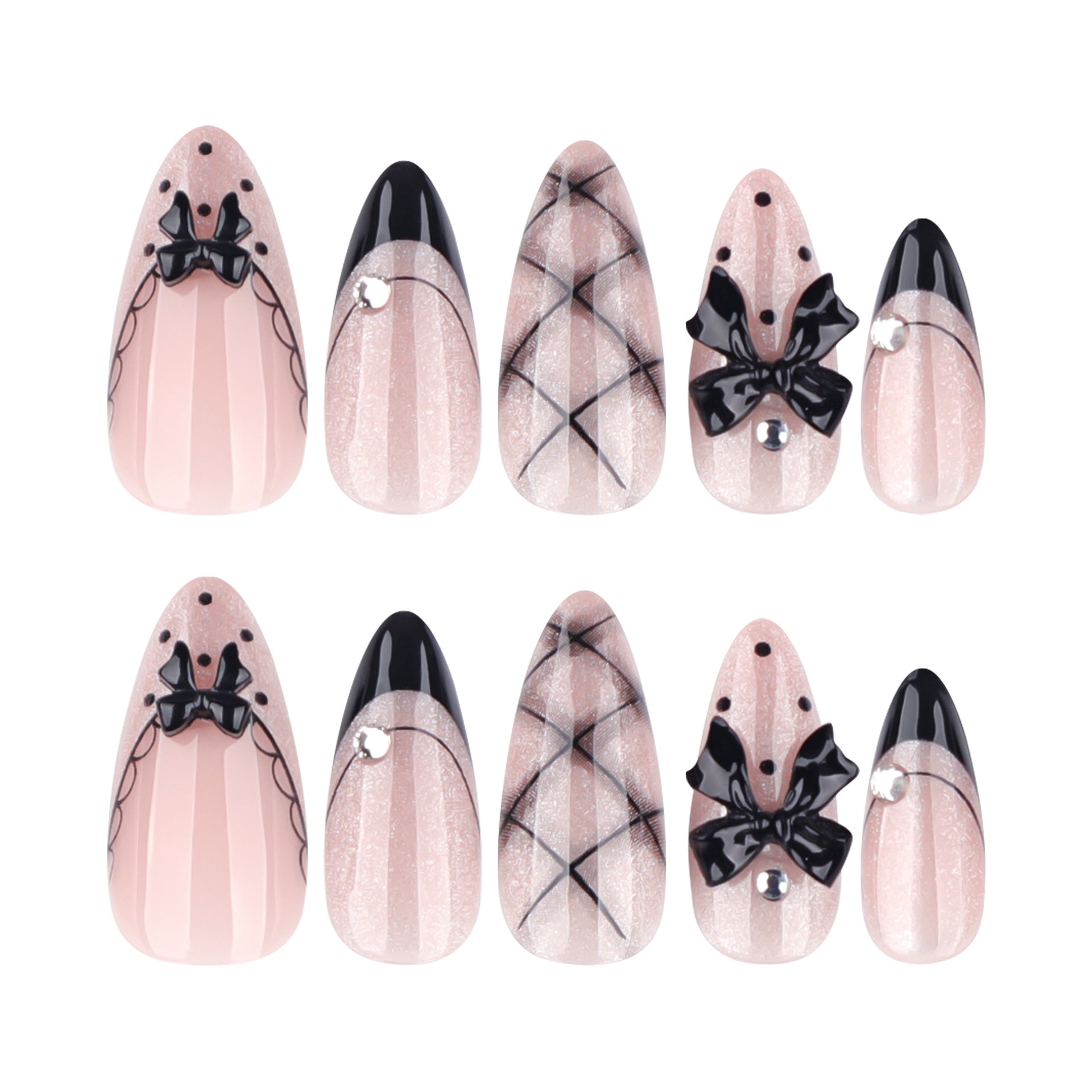 Short Almond Press On Nails with Black Bows & Glitter Web Design