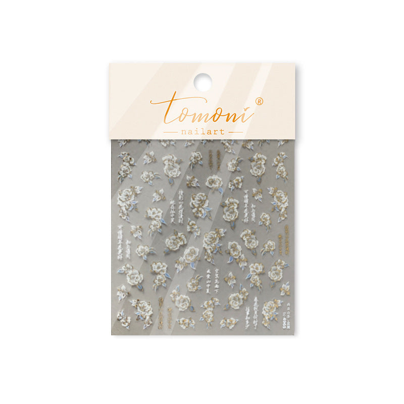 Blue & Gold Camellia Embossed: "Elegant Winter Camellia" – 5D Embossed Nail Sticker