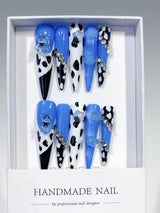 Blue Cow Print Cute Bear Statement Press On Nails