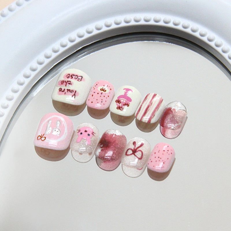 Cartoon pink cute childlike rabbit pastry bow smudged three-dimensional striped cat eye fine flash kids nails｜365nails