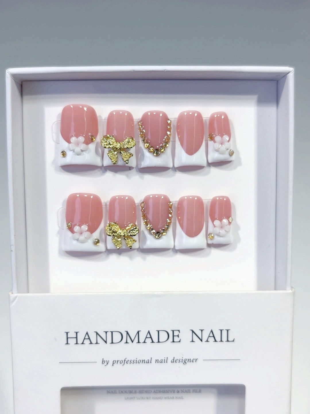 365nails: "Blush Gold Bow" – Short Square Nude-Pink French Gold Handmade Press-On Nails