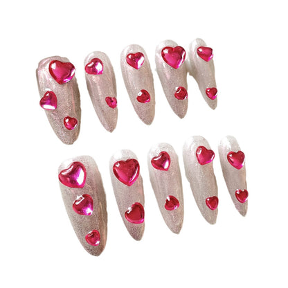 De corazón a corazón, Barbie Pink, Aurora, Corazón de Melocotón, Uñas Postizas Hechas a Mano, Arte de Uñas de Ojo de Gato con Hielo Largo | 365nails