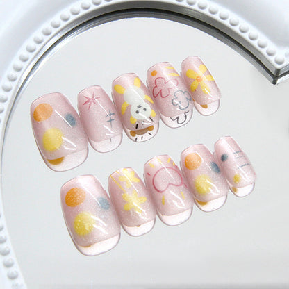 Nail Tips  Prefabricated nail Hand-painted Lines Starlight Love Cartoon Flower Bear Cat Eye Wear nail 30 Pieces｜365nails