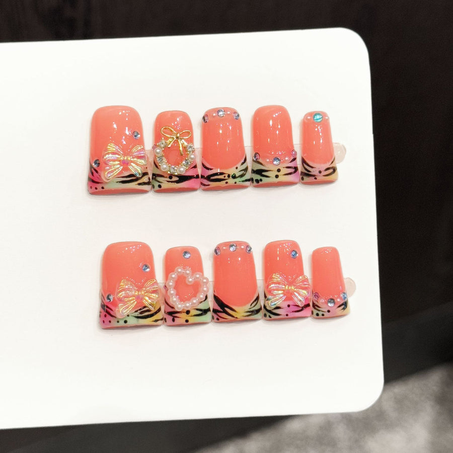 365nails: "Iridescent Reverie" – 3D Butterfly & Pearl Handmade Press on Nails Short Square Nails