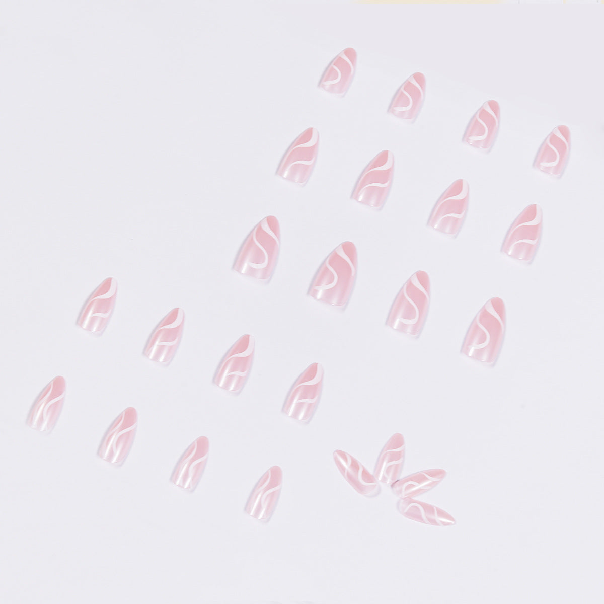 Unhas postiças francesas simples com impressão pop Sense, unhas removíveis e finalizadas ｜365nails