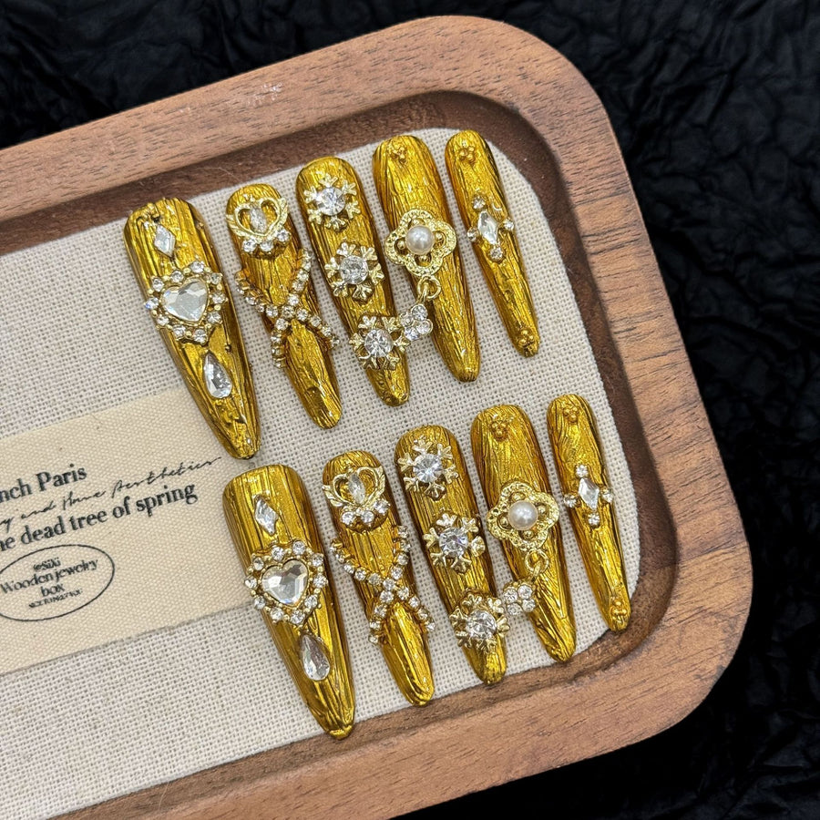 365nails: "Gilded Baroque" – 3D Floral & Crystal Handmade Long Almond Nails