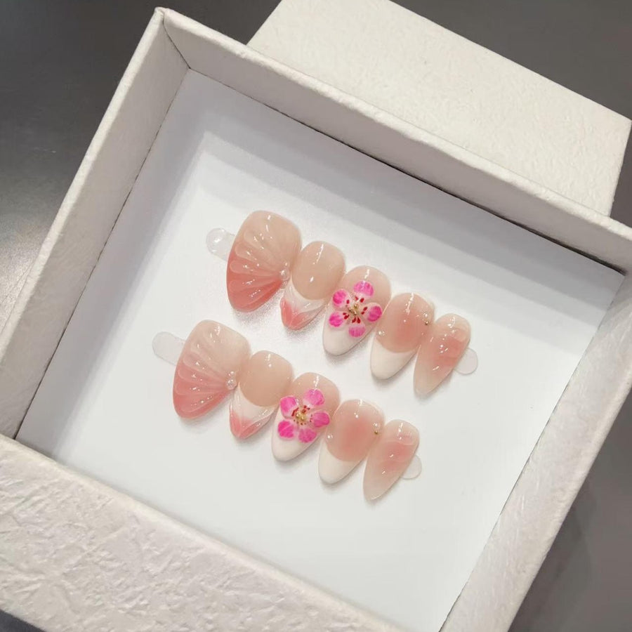 365nails: "Cherry Blossom Whisper" – 3D Floral Handmade Almond Nails