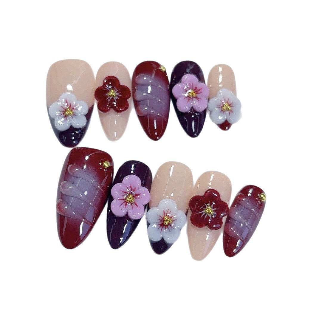 梅花夜色：「酒紅花卉」— 杏仁形手工製穿戴甲