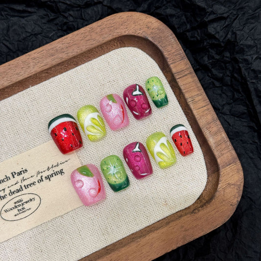 Summer New Painted Fruit cat eye Carving White Advanced Handmade press on nails | 365nails