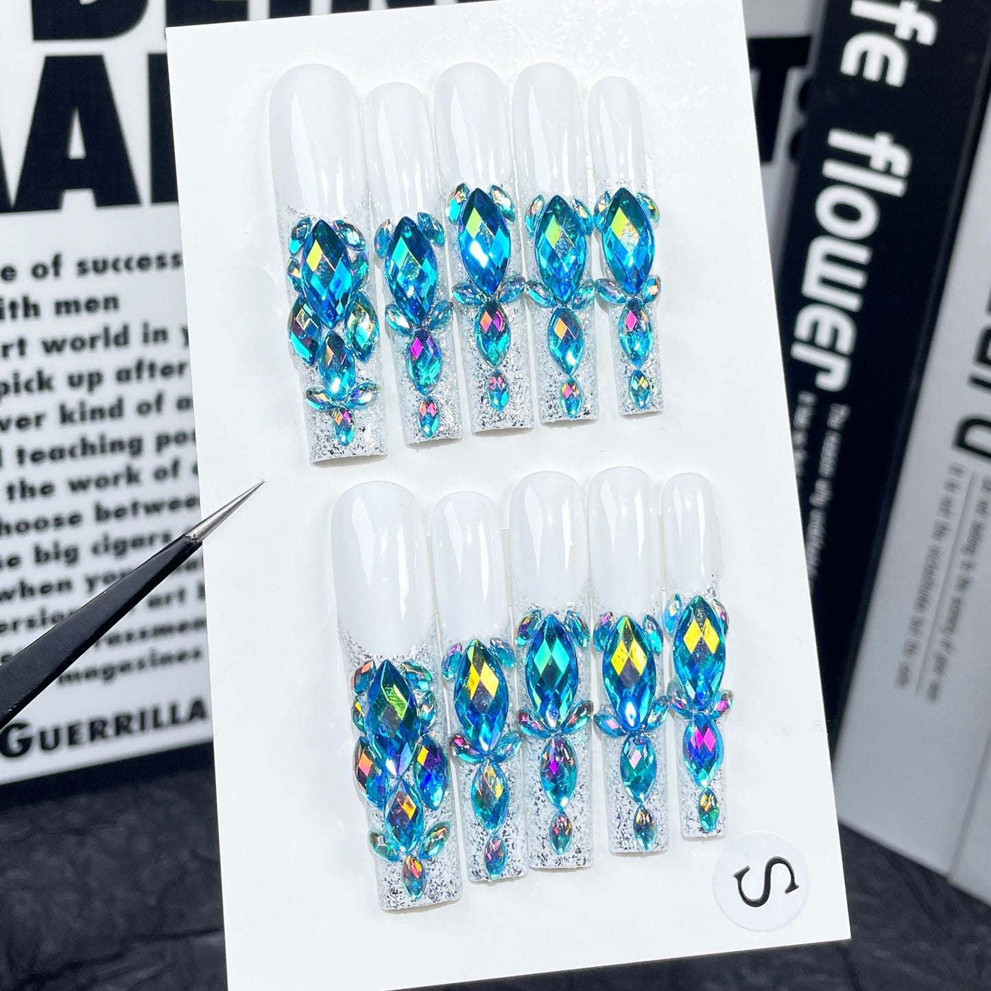 Flash full of diamonds, Handmade press on nails,  super long water pipe nail, heavy industry French manicure｜365nails