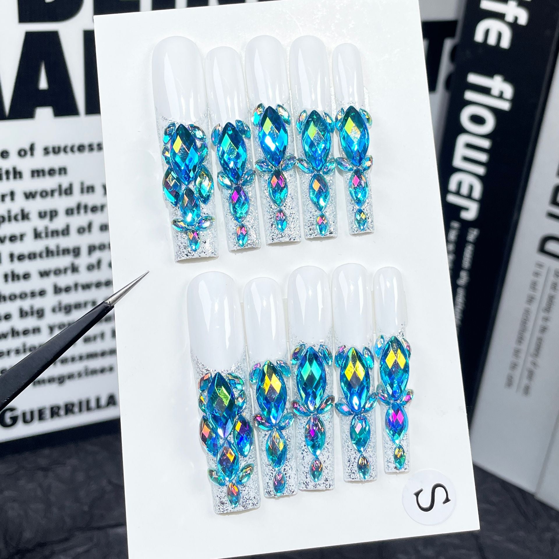 Flash cheio de diamantes, unhas postiças feitas à mão, unhas super longas estilo cachimbo de água, manicure francesa industrial pesada ｜365nails