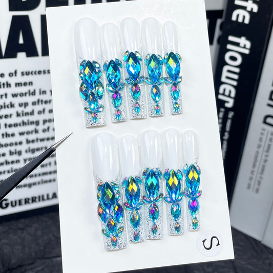Flash full of diamonds, Handmade press on nails,  super long water pipe nail, heavy industry French manicure｜365nails