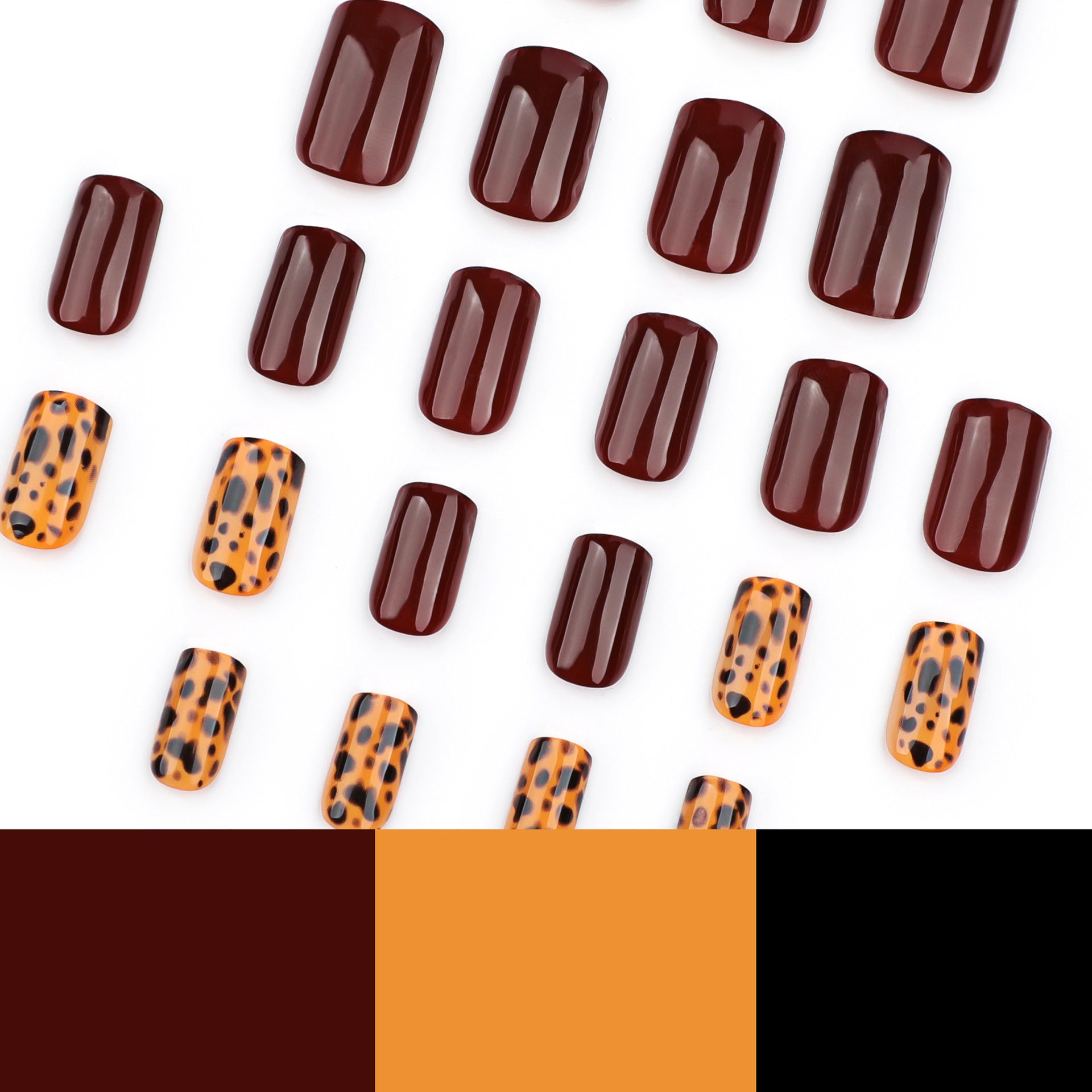 Maillard 豹紋×酒紅純色短款方形穿戴甲（秋季款）批發