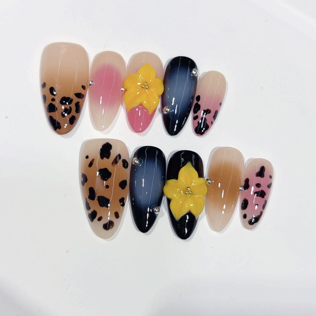 Wild Bloom: "Leopard & Flower" – Medium Almond Handmade Press On Nails