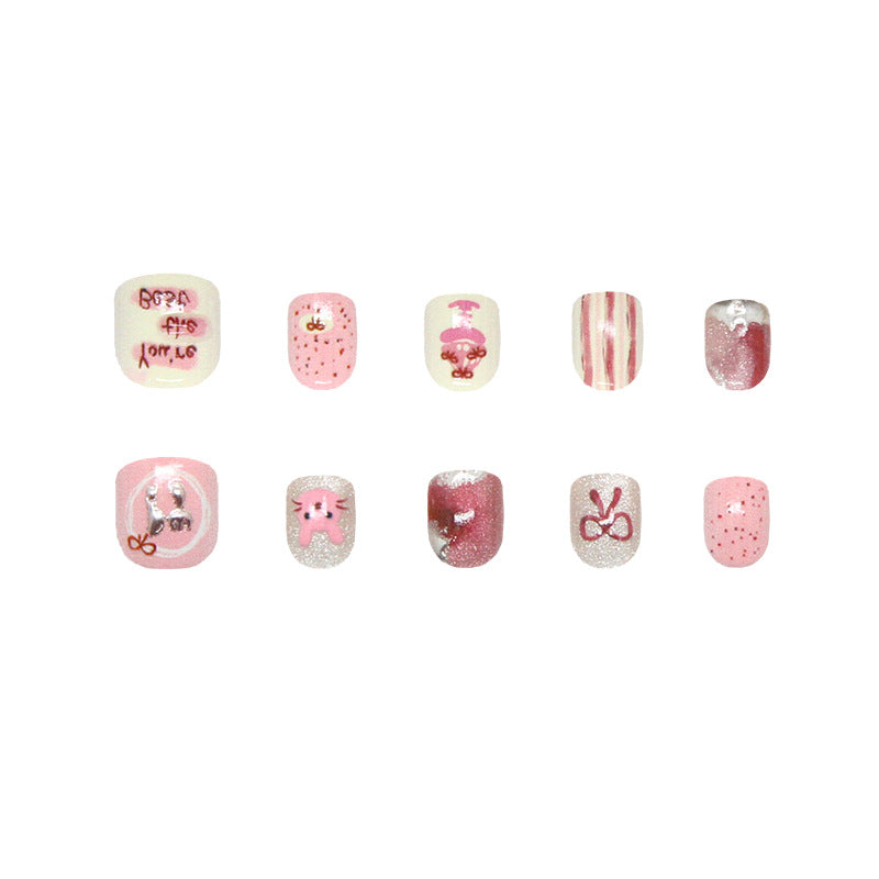 Cartoon pink cute childlike rabbit pastry bow smudged three-dimensional striped cat eye fine flash kids nails｜365nails