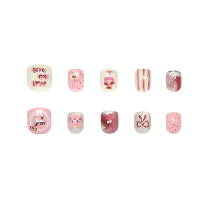 Cartoon pink cute childlike rabbit pastry bow smudged three-dimensional striped cat eye fine flash kids nails｜365nails