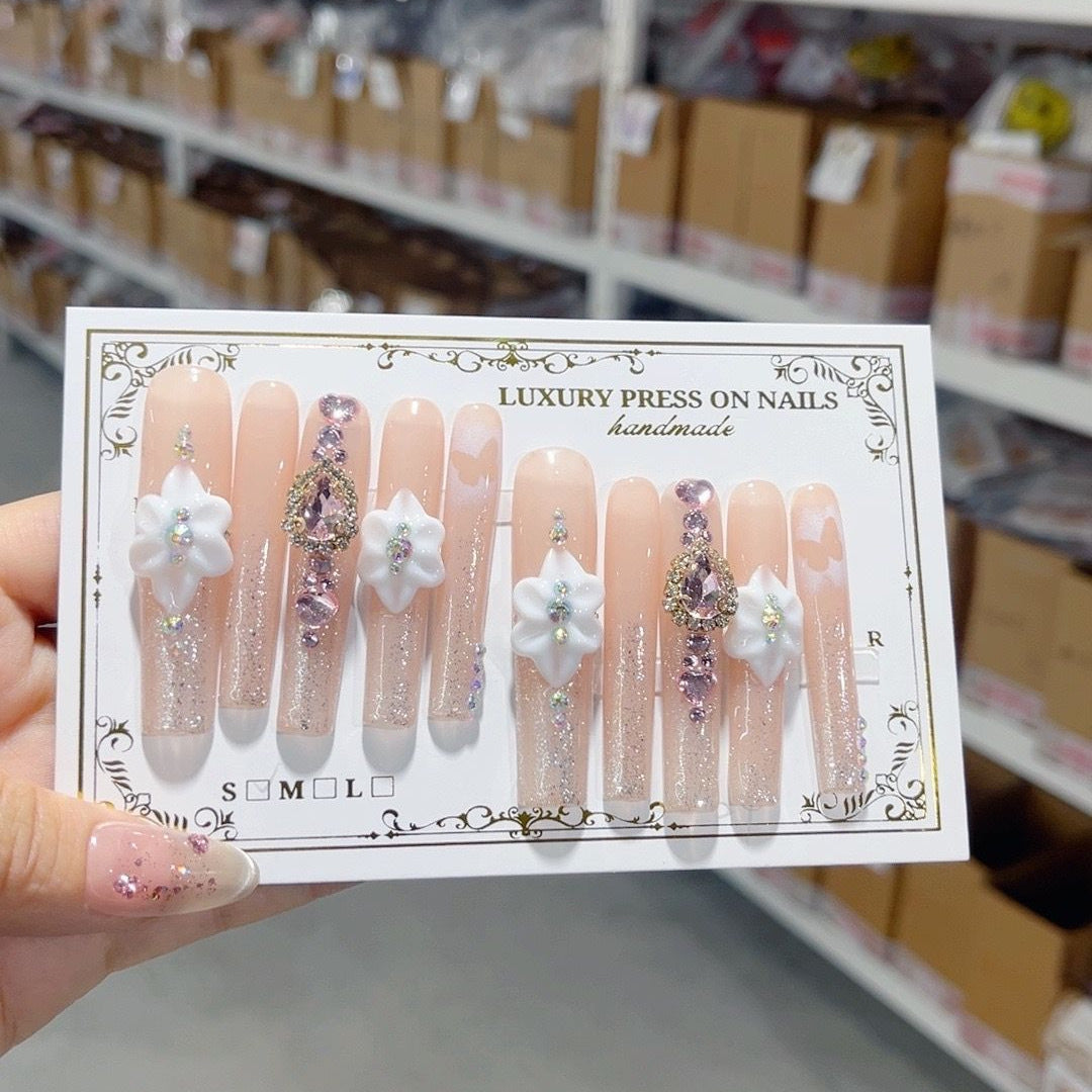 Nude Crystal Floral Elegant Luxury Press On Nails