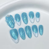 Armadura de amêndoa francesa Mermaid Ji com padrão de concha azul-oceano simples e atmosfera de unhas de pressão feitas à mão ｜ 365nails