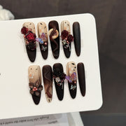 365nails: 밤의 꽃 – 3D 플로럴 & 나비 수제 스틸레토형 네일