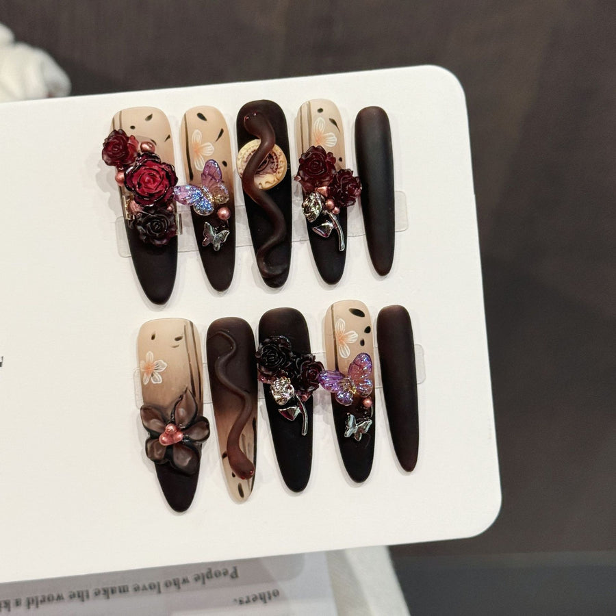 365nails: "Nocturnal Bloom" – 3D Floral & Butterfly Handmade Stiletto Nails