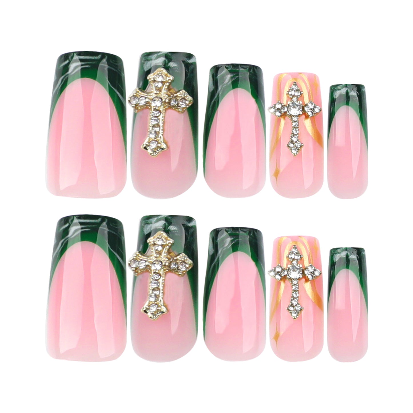 French green smudge manicure fake  gold dot diamond luxury cross    ｜365nails