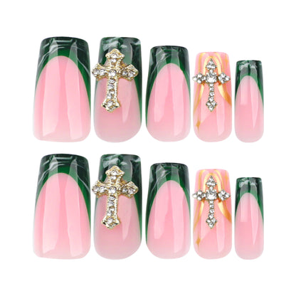 French green smudge manicure fake  gold dot diamond luxury cross    ｜365nails